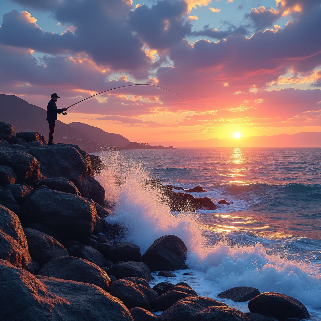 Coastal Fishing at Sunset